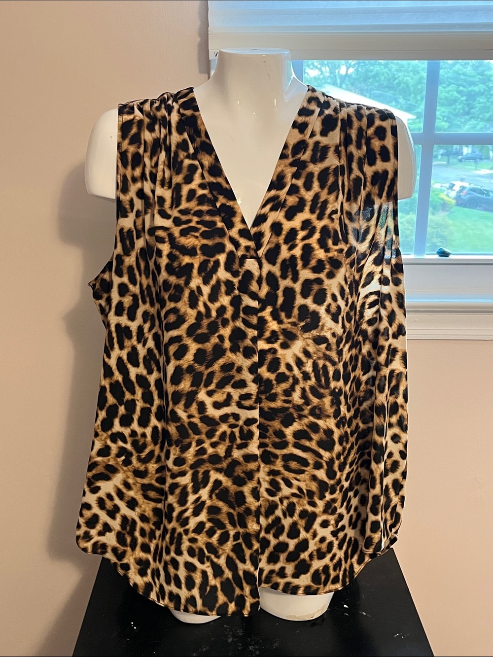 Vince Camuto Leopard-Print Sleeveless V-Neck Blouse in Tan and Black